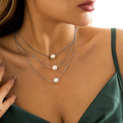 Boho Simple Clavicle Necklace Girls Gold Color Metal Imitation Pearl Pendant round Snake Chain Necklaces Fashion Jewelry